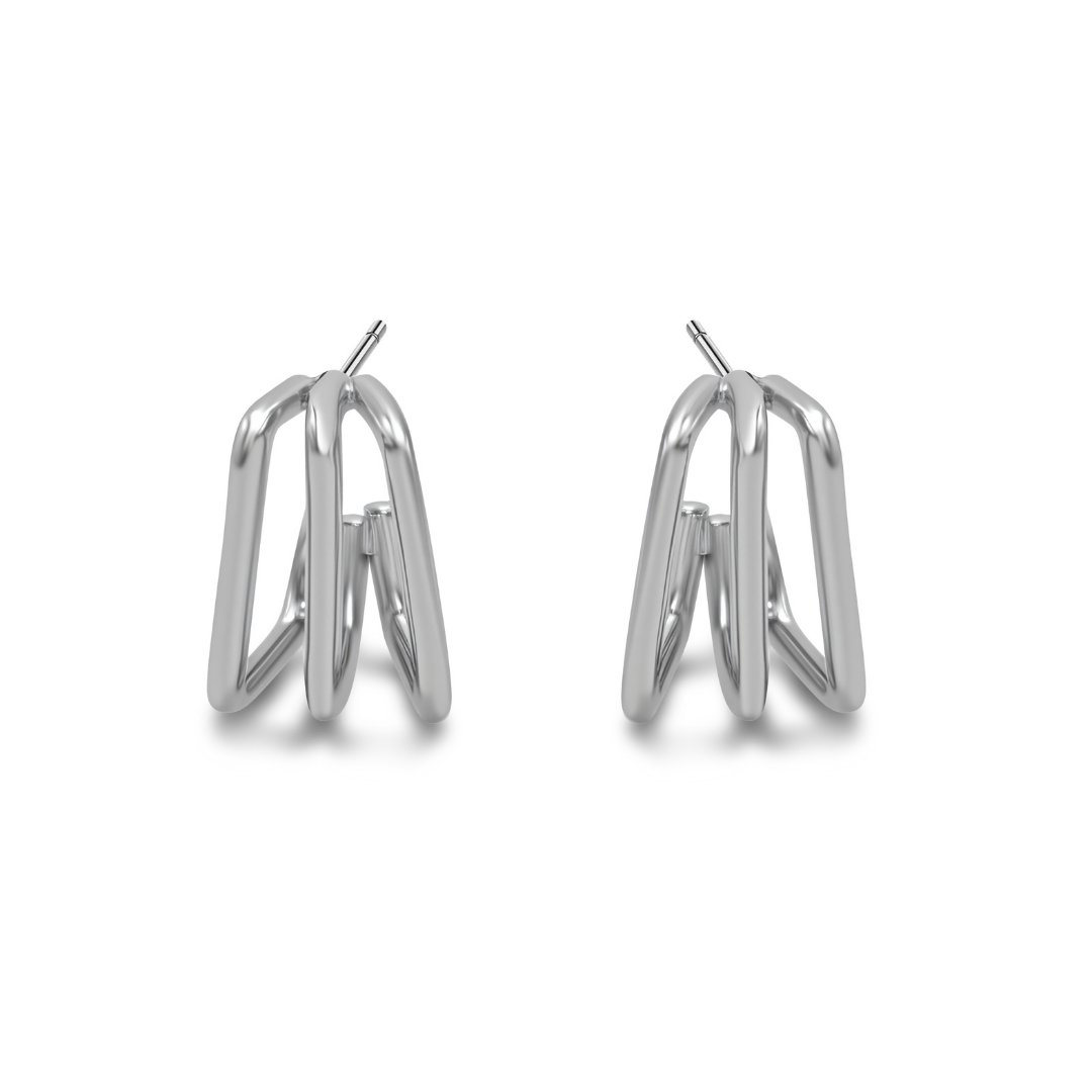 Ploutos Jewellery Trinity Square Hoop Earrings front view — 925 sterling silver triple geometric hoops featuring sculptural square layers and minimalist shine, from the Abundance Collection.