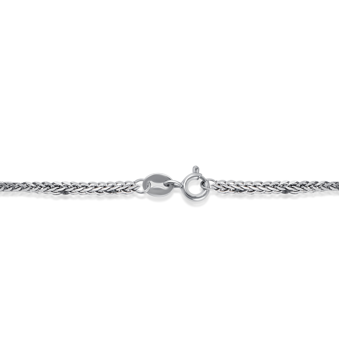 Close-up of Vero Weave Chain Necklace clasp in 925 sterling silver — handcrafted woven design from the Abundance Collection by Ploutos Jewellery. Features a secure spring-ring clasp with polished interlocking links for lasting shine and strength.