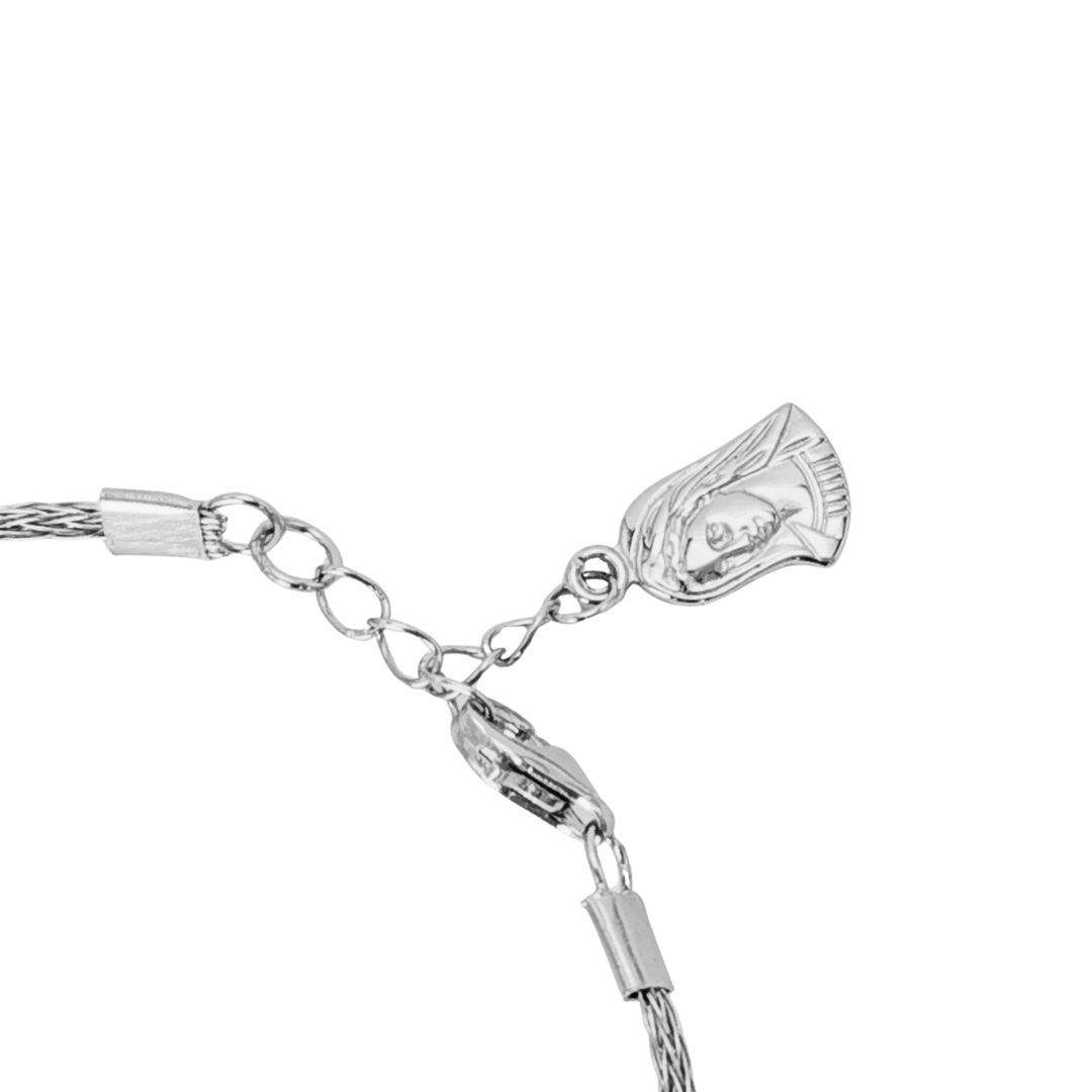 Close-up detail of Ploutos Jewellery Faithline Cross & Virgin Mary Silver Bracelet clasp — featuring a delicate Virgin Mary charm symbolizing faith and divine protection. Handcrafted from recycled 925 sterling silver, part of the Cosmic Energy Collection.