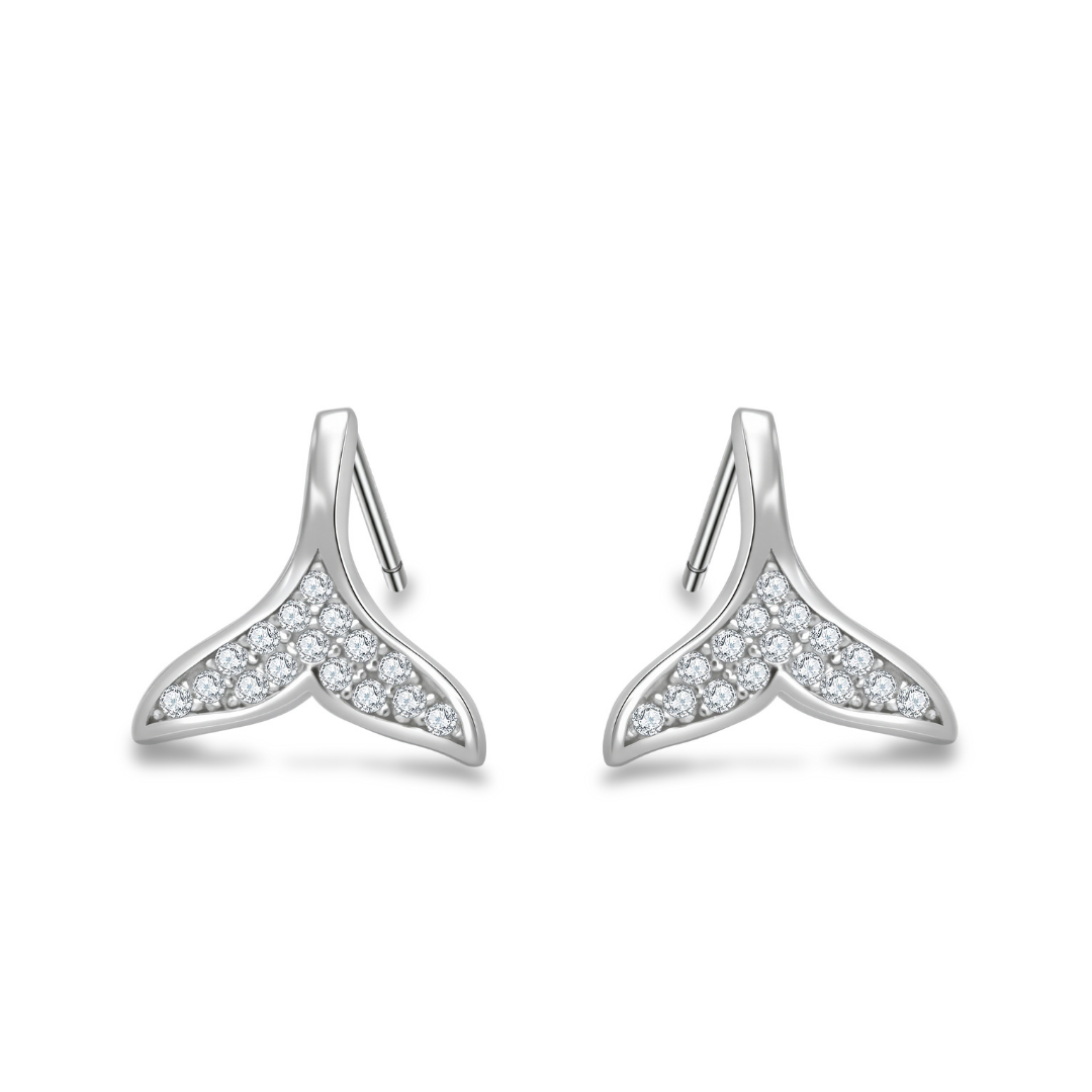 Ploutos Jewellery Whale Tail Harmony Stud Earrings — 925 sterling silver ocean-inspired studs with sparkling stones, symbolising freedom, balance, and emotional calm from the Abundance Collection.