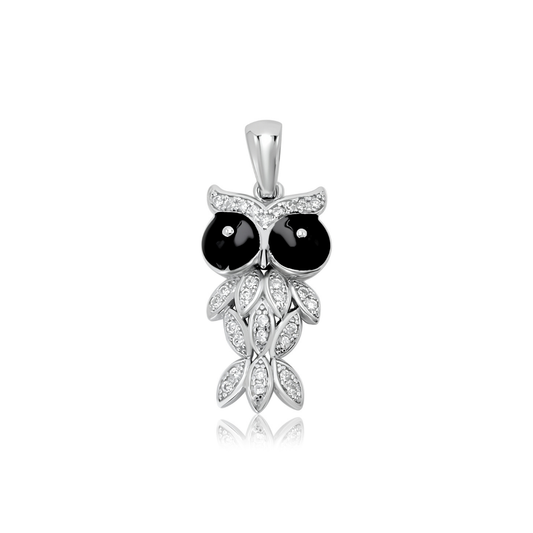 Ploutos Jewellery Wisdom Owl Silver Pendant — handcrafted recycled 925 sterling silver owl charm with black enamel eyes and sparkling cubic zirconia accents. Symbol of intuition, clarity, and inner strength from the Cosmic Energy Collection.